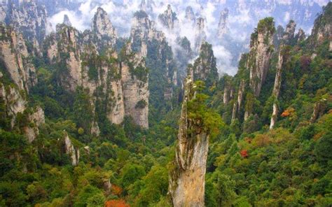 Wulingyuan National Park, China, Forest, Mountain, Clouds, Limestone, Cliff, Trees, Green ...