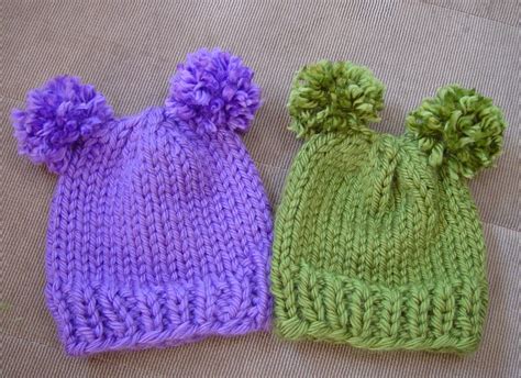 New Hand Knit Baby Double Pom Pom Hat Green or Lavender - Etsy