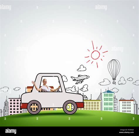 Young girl driving drawn little funny car Stock Photo - Alamy