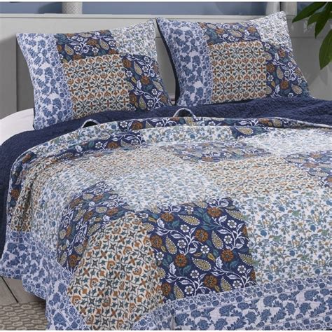 3 Piece Cotton King Size Quilt Set with Leaf Print, Blue and White - Overstock - 31763262