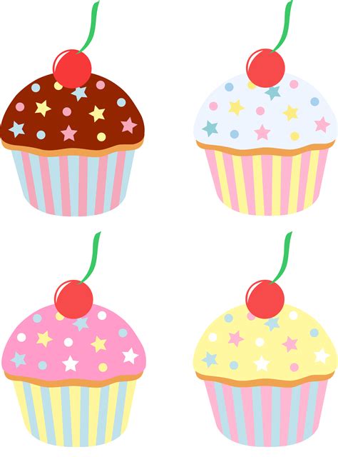 Four Cupcakes With Cherries and Sprinkles - Free Clip Art