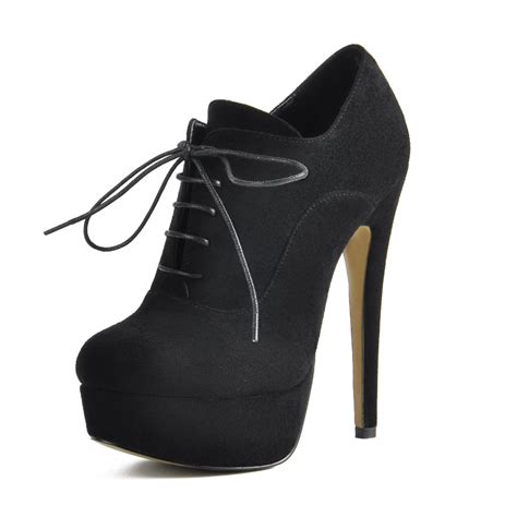 Platform Lace Up Stiletto High Heels Black Suede Leather Ankle Bootie ...