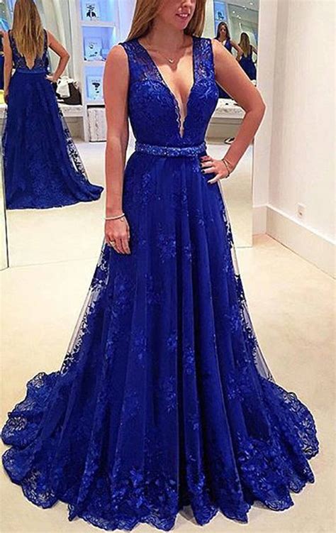 MACloth Straps V Neck Lace Long Prom Dress Royal Blue Formal Gown