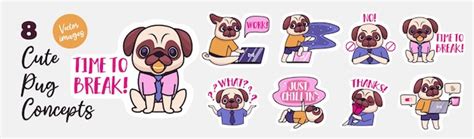 Premium Vector | Pug stickers concept with character situations set cute dog working at laptop ...