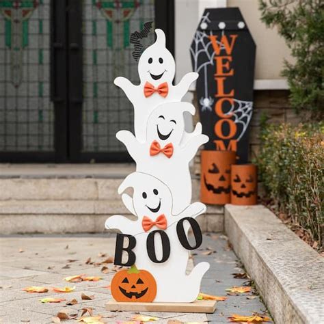 Glitzhome 37.5 in. H Halloween Wooden Stacked Ghost Porch Decor ...