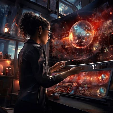 Premium AI Image | realistic futuristic computer terminal with a black businesswoman pointing at ...