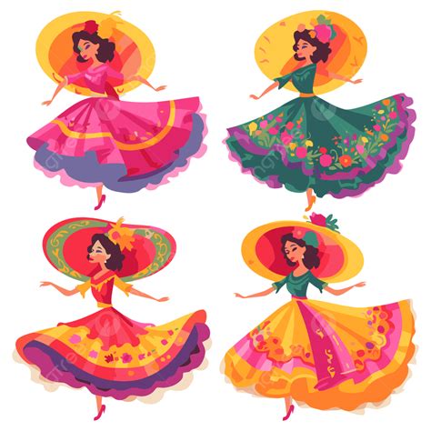 Ballet Folklorico, Sticker Clipart Set Of Vector Ladies In Costumes Dressed In Mexican Women S ...