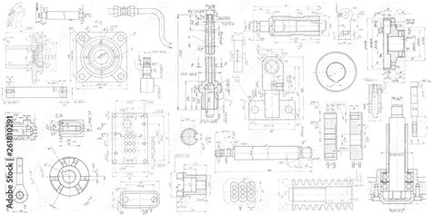 A set of engineering mechanical parts .Vector engineering illustration.Technical drawing ...