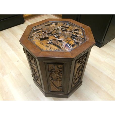 Hand-Carved Asian Octagon End Table with Glass Top | Chairish