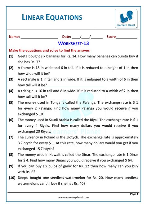 Simple Linear Equations Class 7 Worksheets