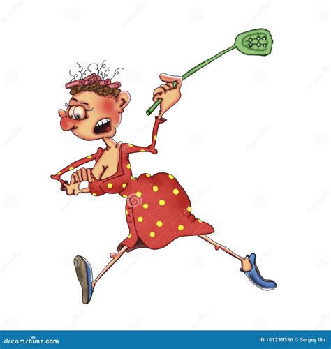 Housewife is Running with a Fly-swatter. Cartoon Illustration on a ...