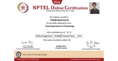 Certificate for Experiments in Psychology by IIT Kharagpur (NPTEL) | Prem Raval :)