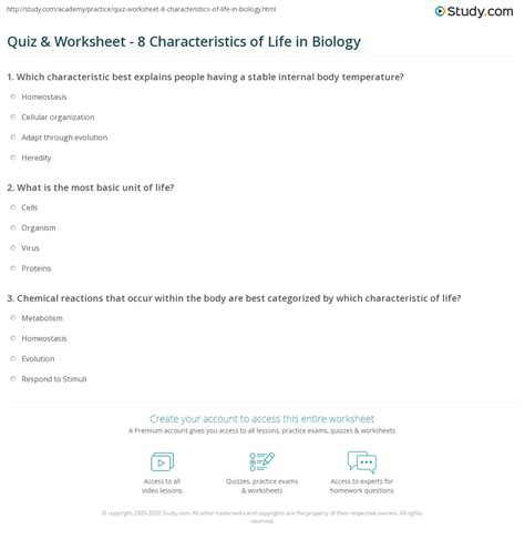 Quiz & Worksheet - 8 Characteristics of Life in Biology | Study.com