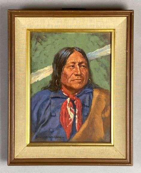 1963 Fred C. Stueckemann Chief Crazy Horse Oil Painting on Board - Matthew Bullock Auctioneers