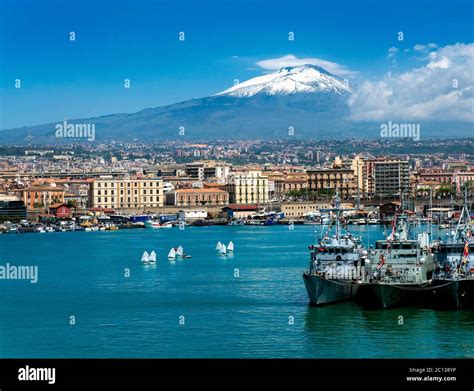 View of Mount Etna, City, and Port, Catania, Sicily, Italy. Catania ...