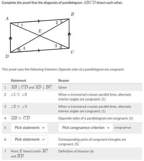 (PLEASE ANSWER) Complete the proof that the diagonals of parallelogram ...