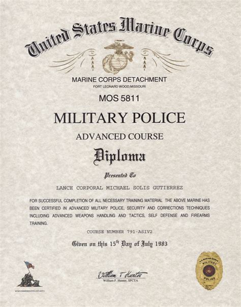 USMC MOS 5811 Military Police Certificate