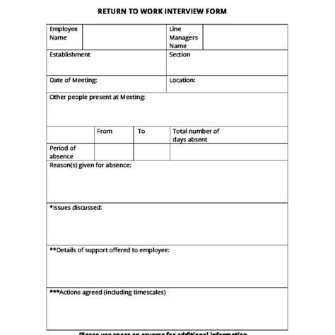 Return to work interview form - Nugent