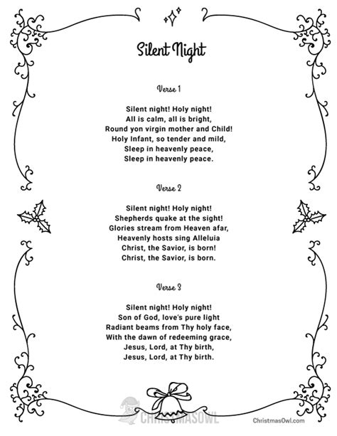 Free printable lyrics for Silent Night. Download them from https://christmasowl.com/download/l ...