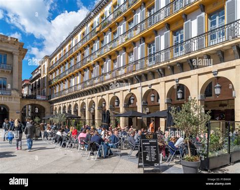 Cafes on the Plaza de la Constitucion, Casco Viejo (Old Town), San Sebastian, Basque Country ...