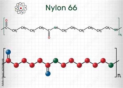 Nylon 66 or nylon molecule. It is plastic polymer. Structural chemical formula and molecule ...