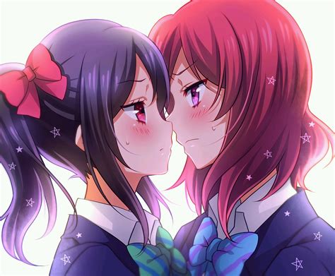 purple hair, yuri, redhead, anime, short hair, pink eyes, Yazawa Nico ...