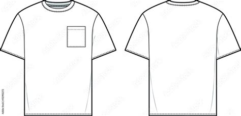 Pocket T-shirt Flat Technical Drawing CAD Illustration Short Sleeve Blank Streetwear Mock-up ...