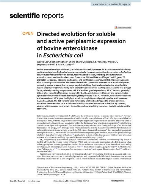 (PDF) Directed evolution for soluble and active periplasmic expression of bovine enterokinase in ...