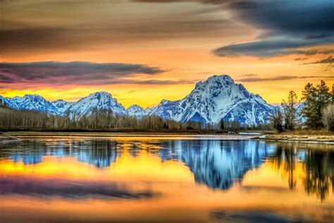 nature, Landscape, Mountain, River, Sunset, Grand Teton National Park, Reflection, Sky, Snowy ...