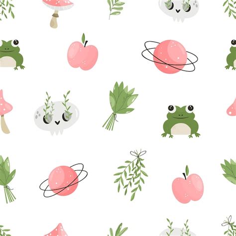 Premium Vector | Seamless pattern with sorcery symbols frog planet herbs apple