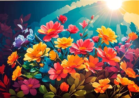 Premium Vector | A colorful picture of flowers with the sun shining on it vector illustration