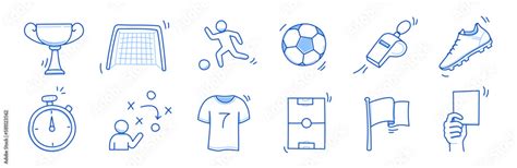 Soccer doodle icon. Football goal, award cup, whistle hand drawn line ...