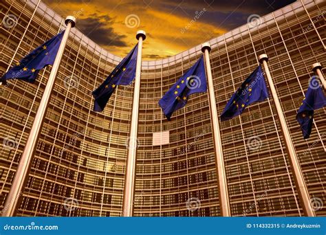 EU Flags in Front of European Commission Building in Brussels Stock ...