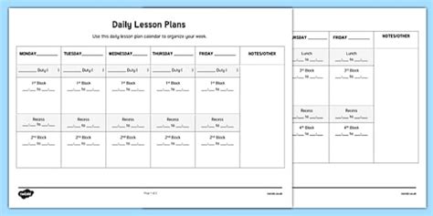 Daily Lesson Plans Week to a Page Calendar (teacher made)