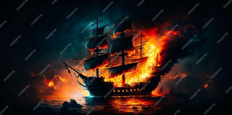 Premium Photo | Ship ablaze at night with flames and smoke billowing out from the burning vessel