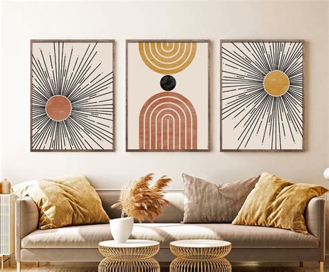 Mid Century Modern Geometric Sun Print Set of 3 Prints, Digital ...