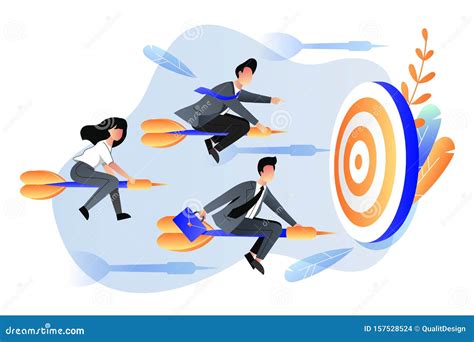 Business Goal Achievement Concept. Vector Flat Cartoon Illustration. Business People Fly on ...