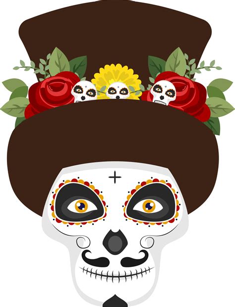 Illustration of sugar skull or calaveras wearing brown hat decorated ...