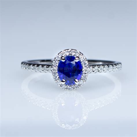 Natural Oval Blue Sapphire Ring Sapphire Diamond Halo Ring 18K