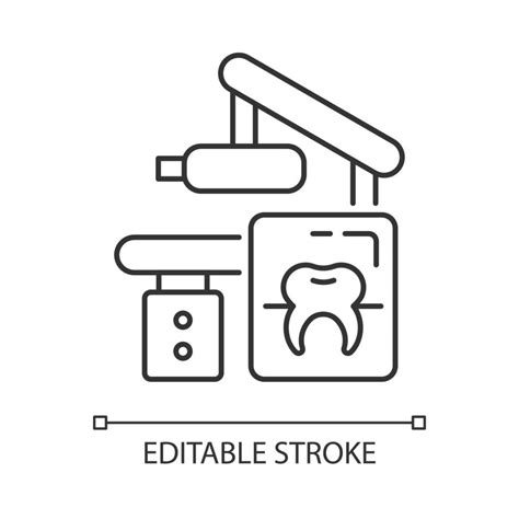 Dental x-ray equipment linear icon. Capturing patient mouth in one image. Radiographic procedure ...