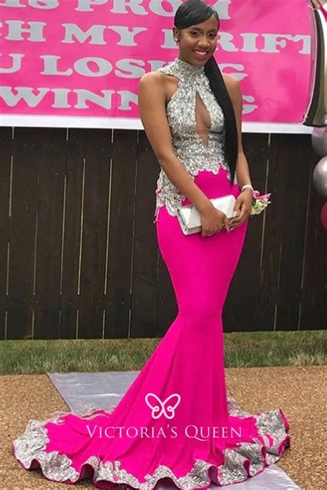 Silver Lace and Fuchsia Satin Mermaid Unique Prom Dress - VQ