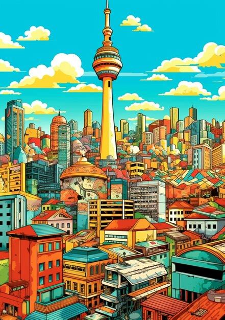 Premium AI Image | A cartoon drawing of a city with a tall tower in the middle generative ai