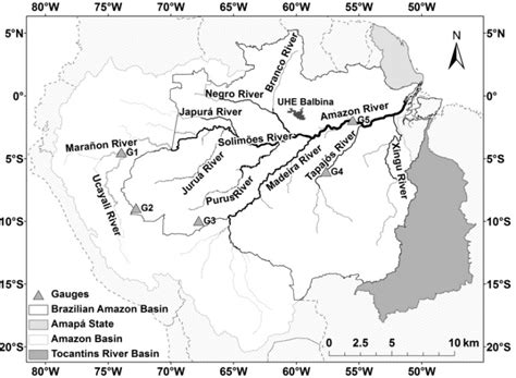 Amazon River basin with main tributaries and streamgauges (grey... | Download Scientific Diagram