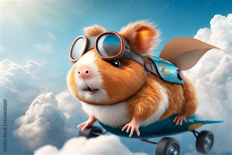 Cute funny illustration of flying guinea pig in fantasy world with clouds and blue sky Stock ...