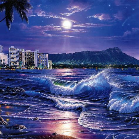 sea waves city night beach moon stars painting art iPad Air Wallpapers Free Download