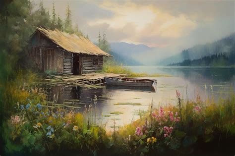 Premium AI Image | A painting of a cabin by the lake