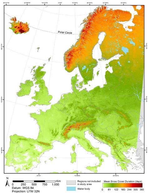 Mean Snow Cover Duration from 2000 to 2011 for Europe. | Download ...