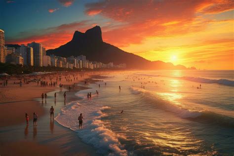 AI generated Rio de Janeiro, Brazil. Sunset at Copacabana beach ...