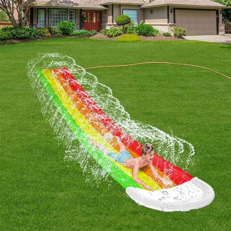 Lawn Water Slides Rainbow Slip Slide with Splash Sprinkler and Crash ...