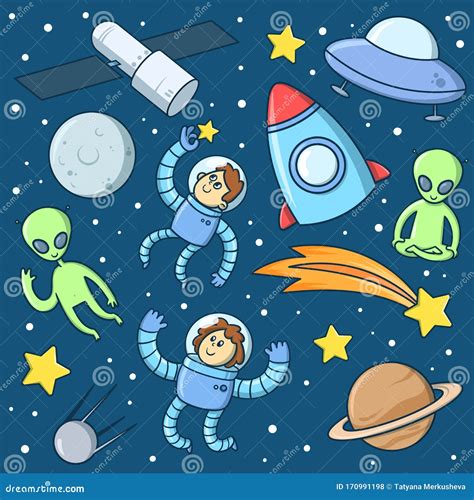 Cartoon Astronauts, Aliens, Rocket, Rockets, UFO, Planets, Stars in Outer Space. Characters and ...